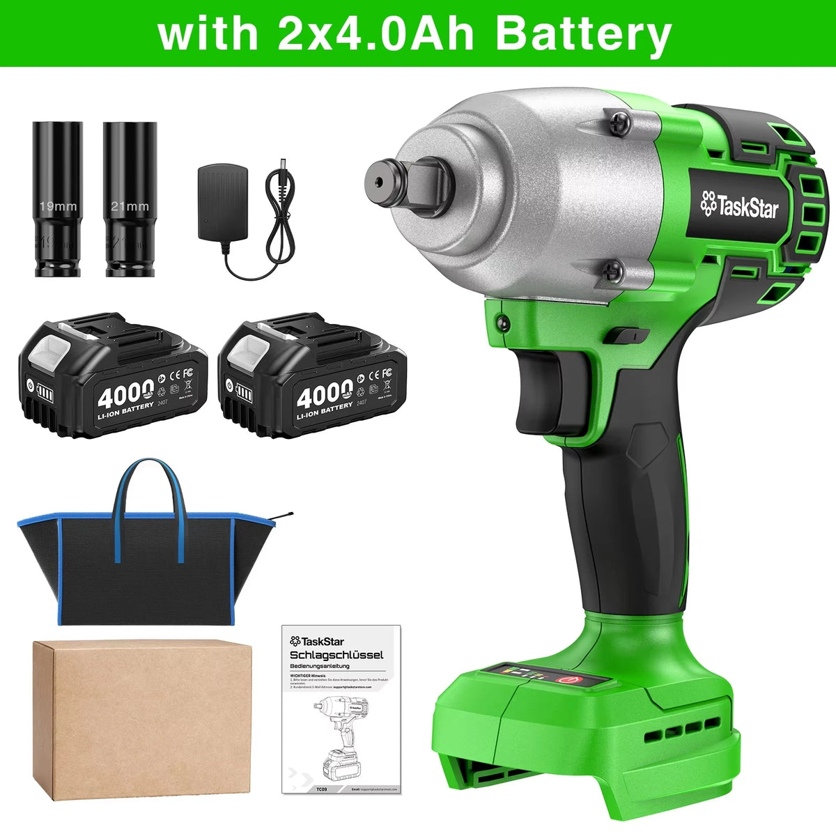 TaskStar 1600N.M 21V Cordless Impact Wrench with 3 Variable Speeds LED Light Sockets Brushless High Torque 1/2 Impact Gun Screwdriver Power Tools Car dismantling tools For Makita 18V Battery Pin