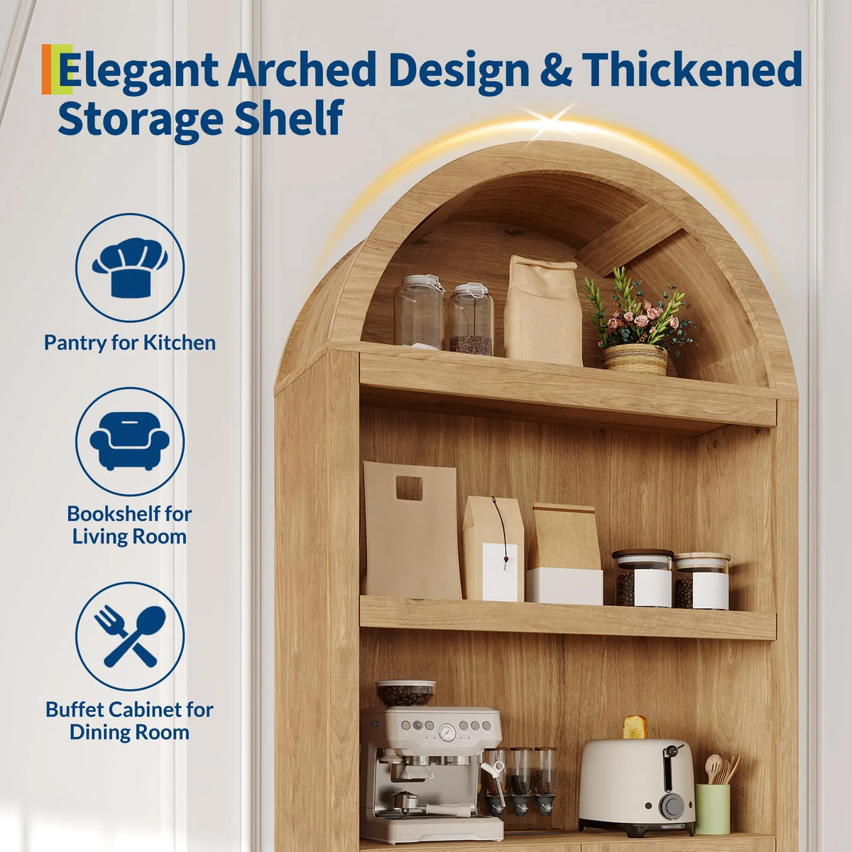 HiMISS Arched Bookcase With Doors Storage Cabinet And Shelves
