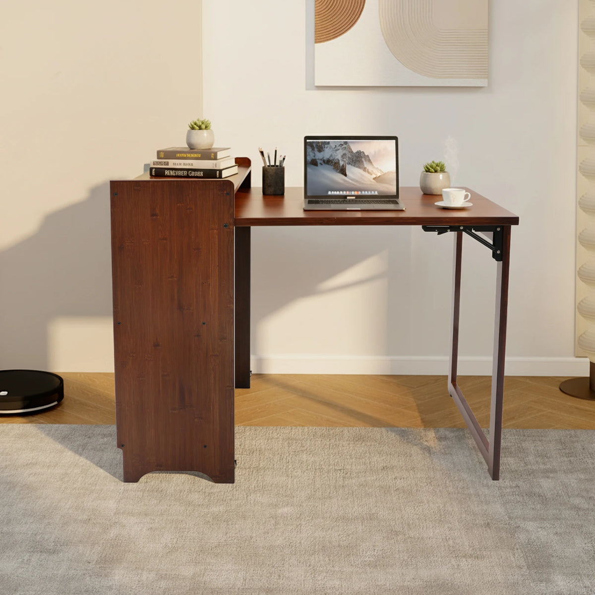 Bymaocar Folding Desk With Bookcase And Storage Shelves With Drop Down Table