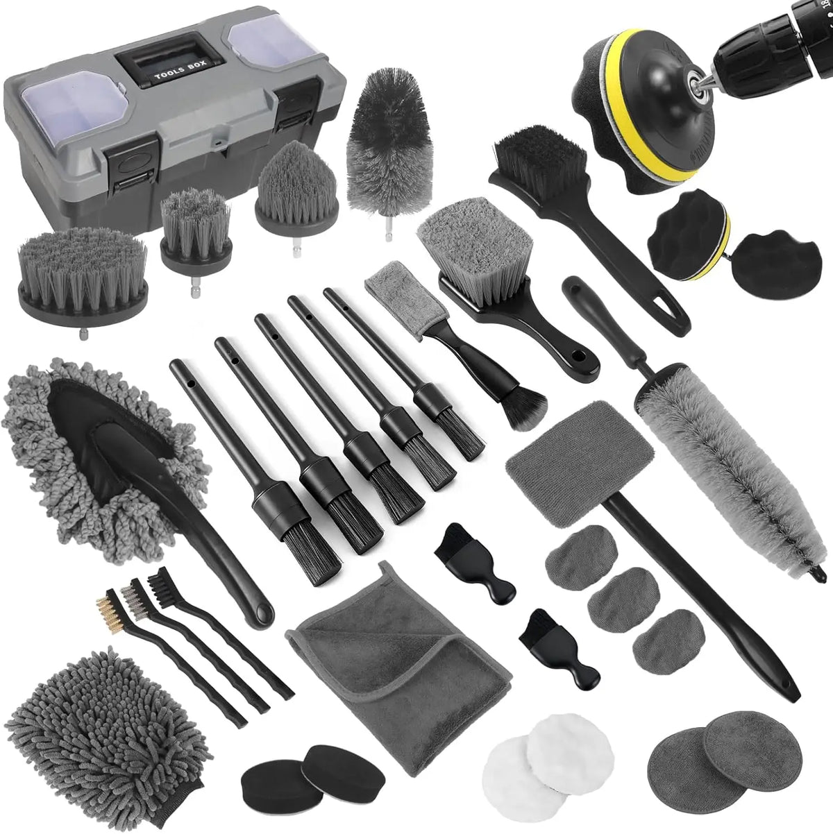 Car Detailing Kit 36 Piece With Brushes Towels And Storage Box