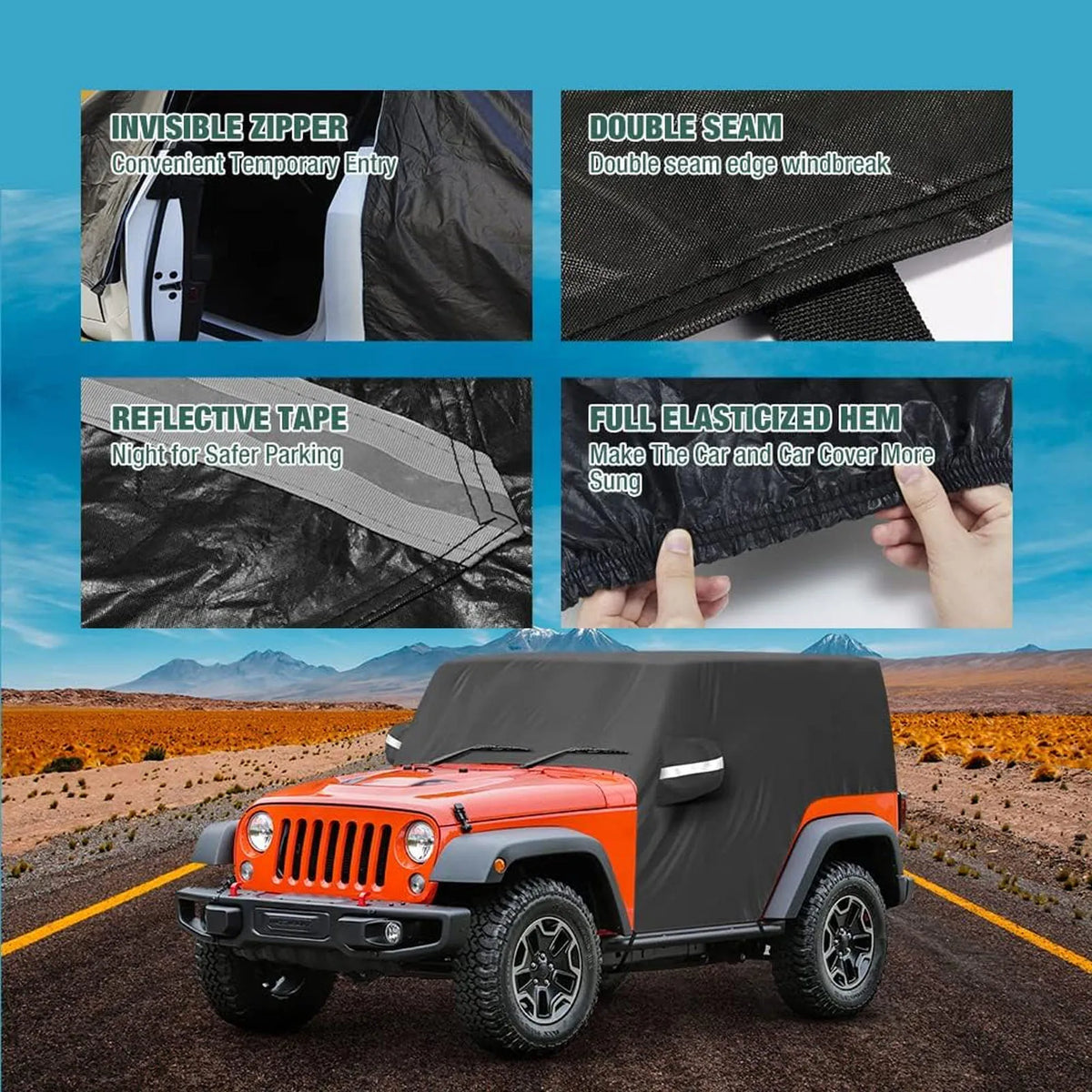 Outdoor Waterproof Car Cab Cover Fit for Jeep Wrangler All Submodels 2-Doors 1987-2022 All Weather 6 Layers Half Car Cover with Storage Bag