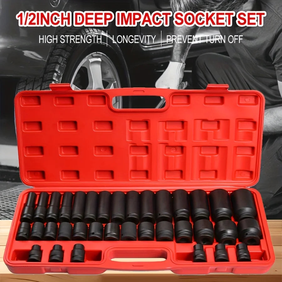 35pcs Impact Socket Set.35pcs 1/2-inch Professional Pneumatic Socket Set- Comprehensive Automotive Maintenance Kit, Including Long And Short Sockets, Pneumatic Impact Wrench, Hex Extension Bars And Rotating Tools for Convenie