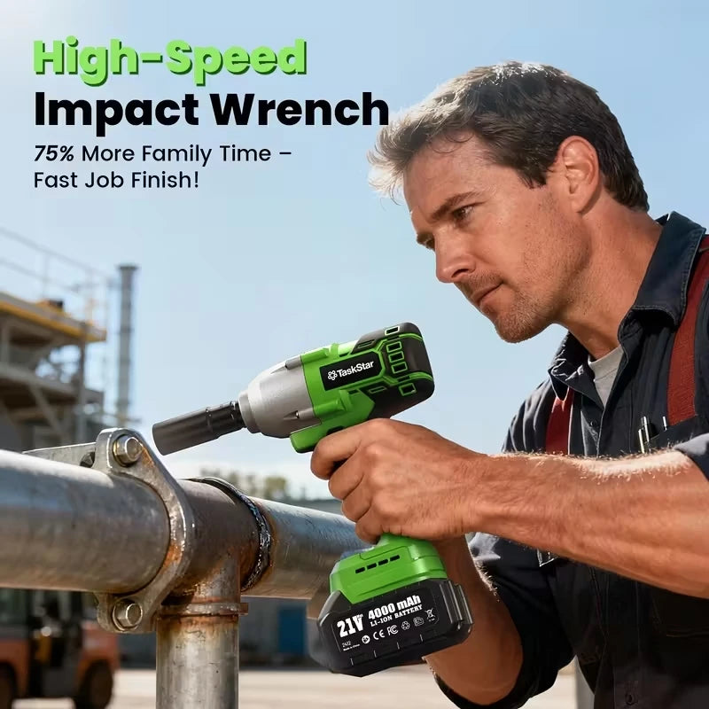 TaskStar 1600N.M 21V Cordless Impact Wrench with 3 Variable Speeds LED Light Sockets Brushless High Torque 1/2 Impact Gun Screwdriver Power Tools Car dismantling tools For Makita 18V Battery Pin