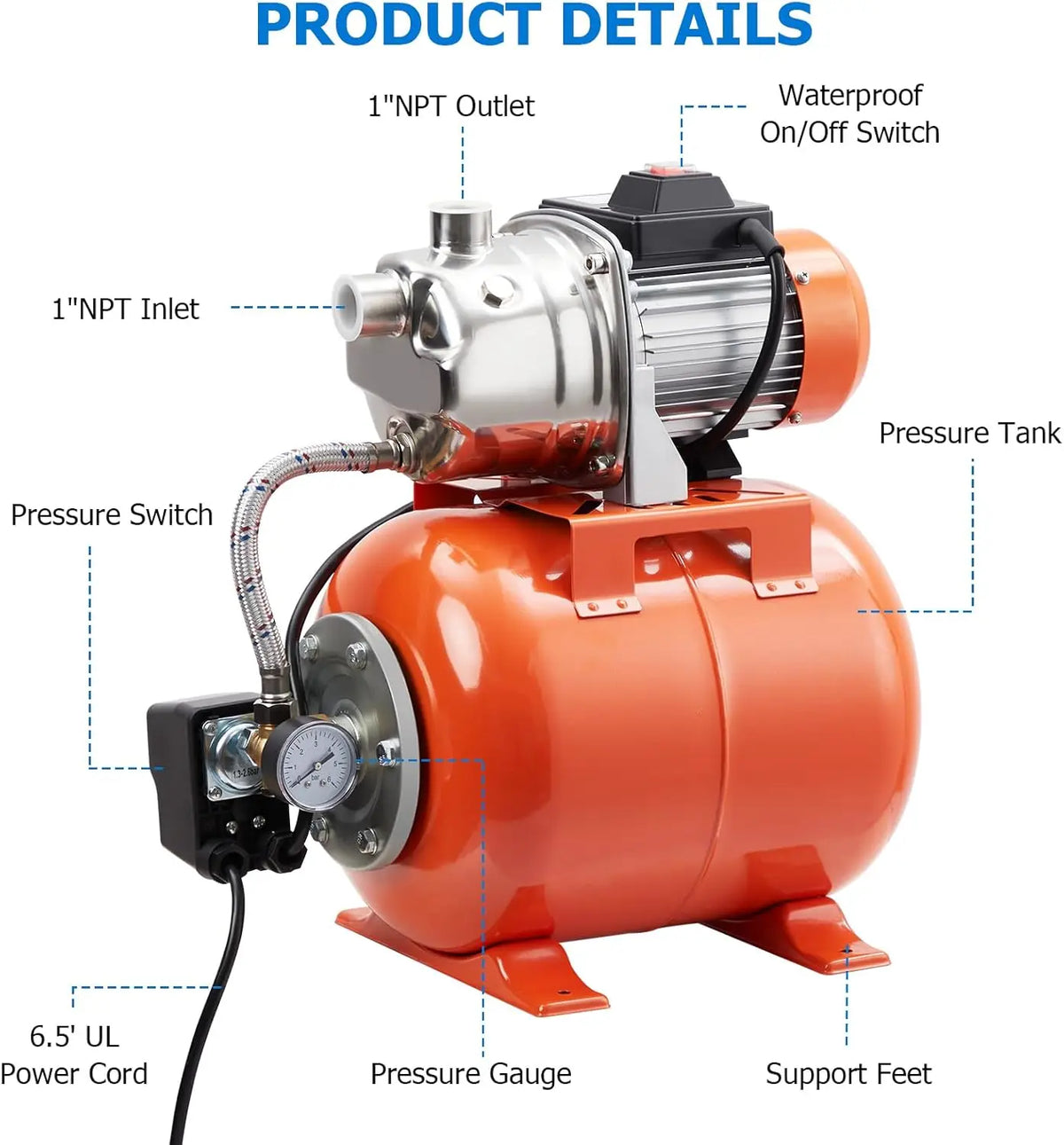 1HP Shallow Well Pump With Pressure Tank, Water Transfer Pump 115V, Stainless Steel Irrigation Pump for Sprinkler System, Automatic Water Booster Jet Pump for Home, Garden, Pool, Lawn