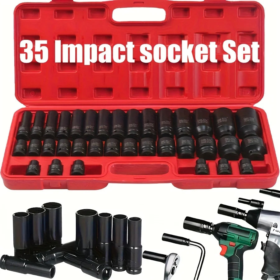 35pcs Impact Socket Set.35pcs 1/2-inch Professional Pneumatic Socket Set- Comprehensive Automotive Maintenance Kit, Including Long And Short Sockets, Pneumatic Impact Wrench, Hex Extension Bars And Rotating Tools for Convenie