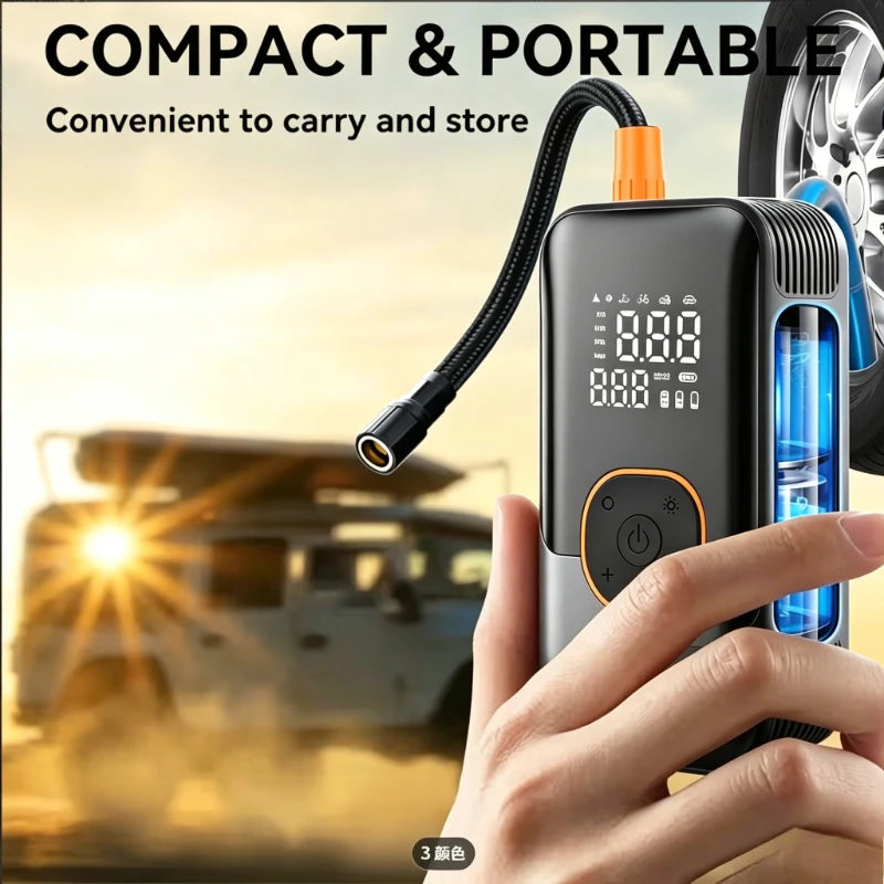 POWNYM Multi-Functional Wireless Tire Inflator Jump Starter, Portable Air Pump with Digital Gauge, LED Light & All Nozzle Adapters for All Vehicles & Balls