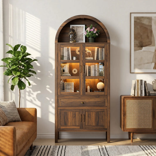 Cottinch Arched Wood Storage Cabinet With Adjustable Shelves Led Lights