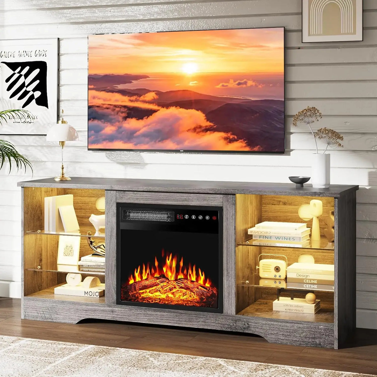 Fireplace TV Stand with 18" Fireplace Up to 65" TVs, 58" Entertainment Center with LED Lights, TV Media Console with, Custom