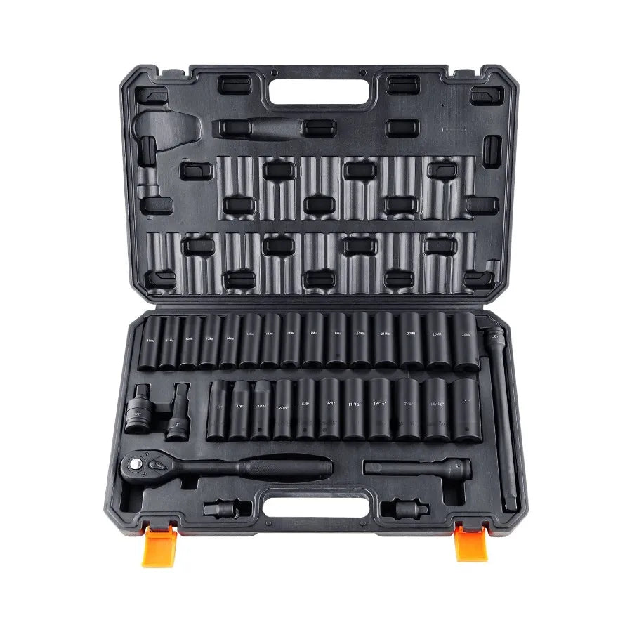 Impact Sockets Set 33pcs 6-Point 1/2in Drive Bit Ratchet Tool Kit in Durable Carrying Case for Automotive Repair and Heavy-Duty