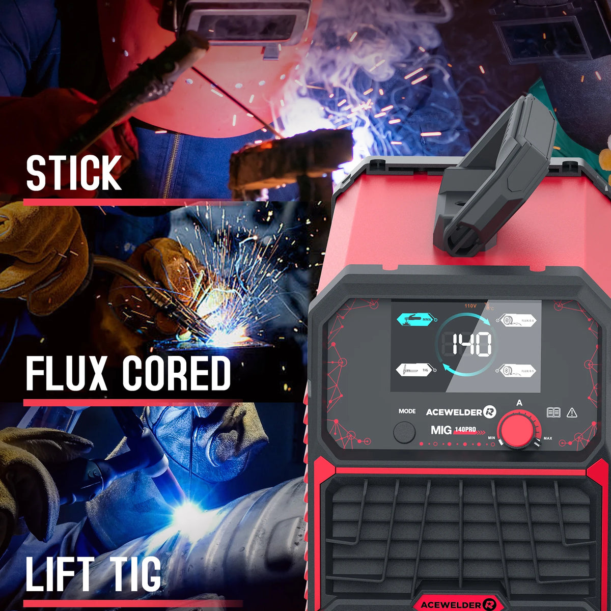 ACEWELDER 140A MIG Welder 110V Flux Cored MlG 3 In 1 Lift TIG Stick ARC Welder Large LED Display Digital Welding Machine