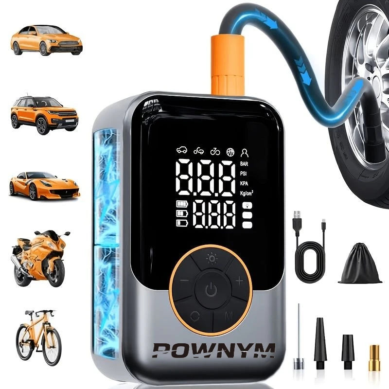 POWNYM Multi-Functional Wireless Tire Inflator Jump Starter, Portable Air Pump with Digital Gauge, LED Light & All Nozzle Adapters for All Vehicles & Balls