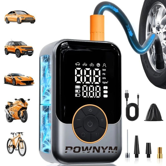 POWNYM Multi-Functional Wireless Tire Inflator Jump Starter, Portable Air Pump with Digital Gauge, LED Light & All Nozzle Adapters for All Vehicles & Balls