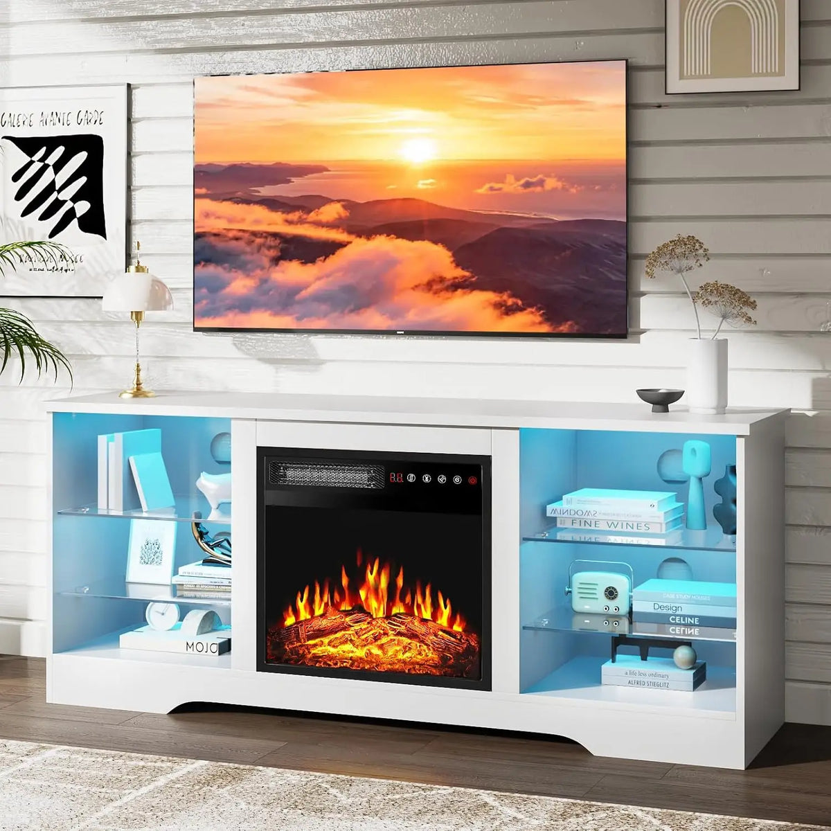 Fireplace TV Stand with 18" Fireplace Up to 65" TVs, 58" Entertainment Center with LED Lights, TV Media Console with, Custom