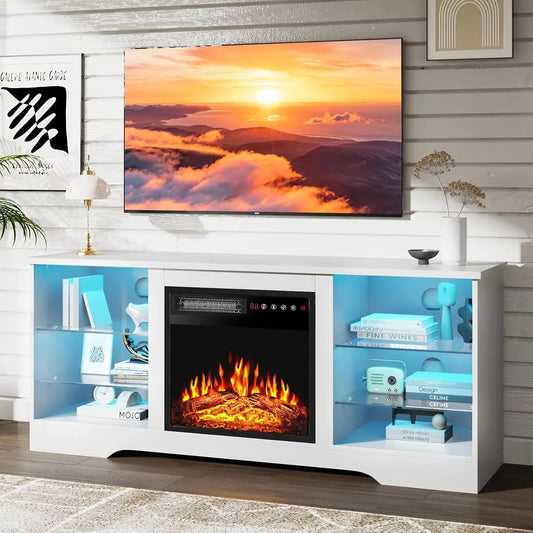 Fireplace TV Stand with 18" Fireplace Up to 65" TVs, 58" Entertainment Center with LED Lights, TV Media Console with, Custom