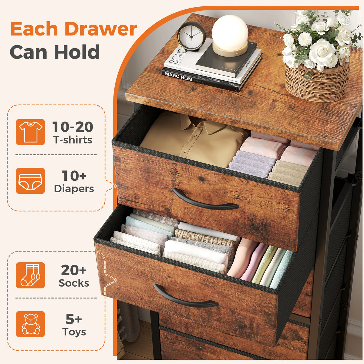 JHK Fabric Drawer Dresser with Wood Top and Metal Frame