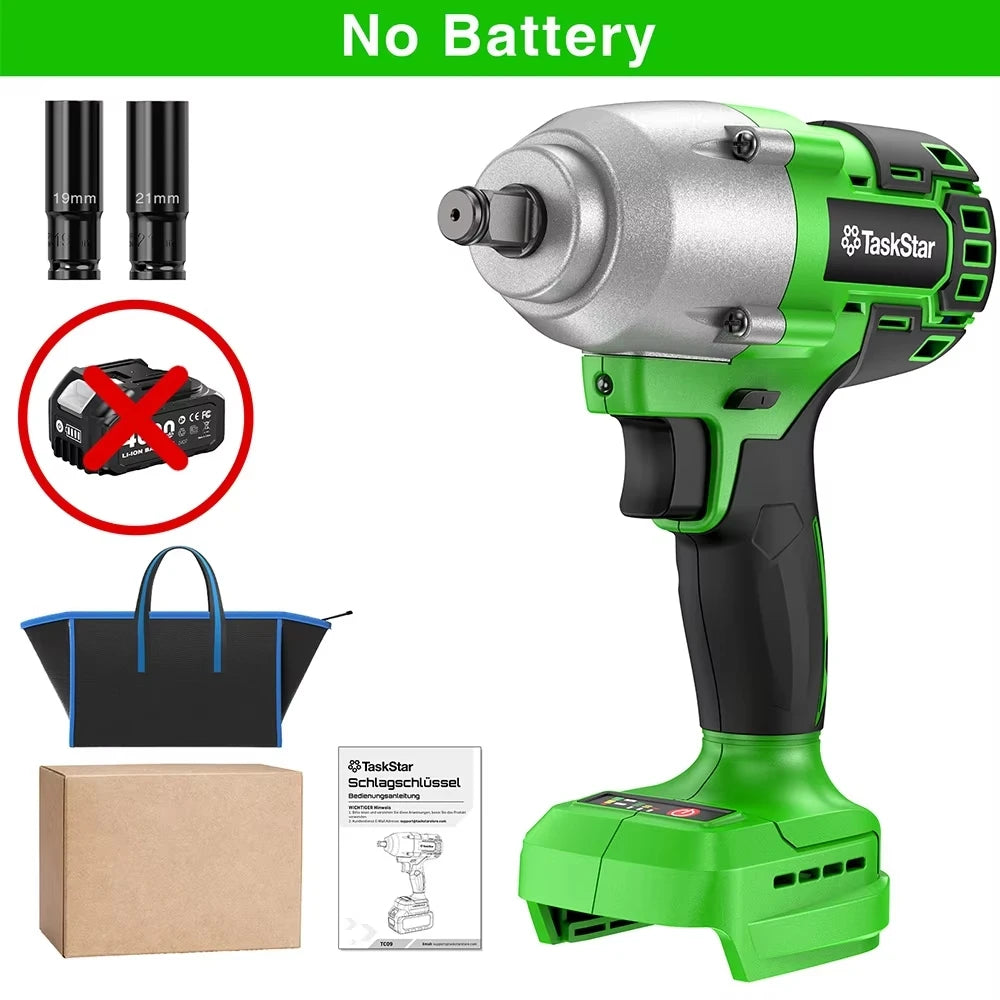 TaskStar 1600N.M 21V Cordless Impact Wrench with 3 Variable Speeds LED Light Sockets Brushless High Torque 1/2 Impact Gun Screwdriver Power Tools Car dismantling tools For Makita 18V Battery Pin
