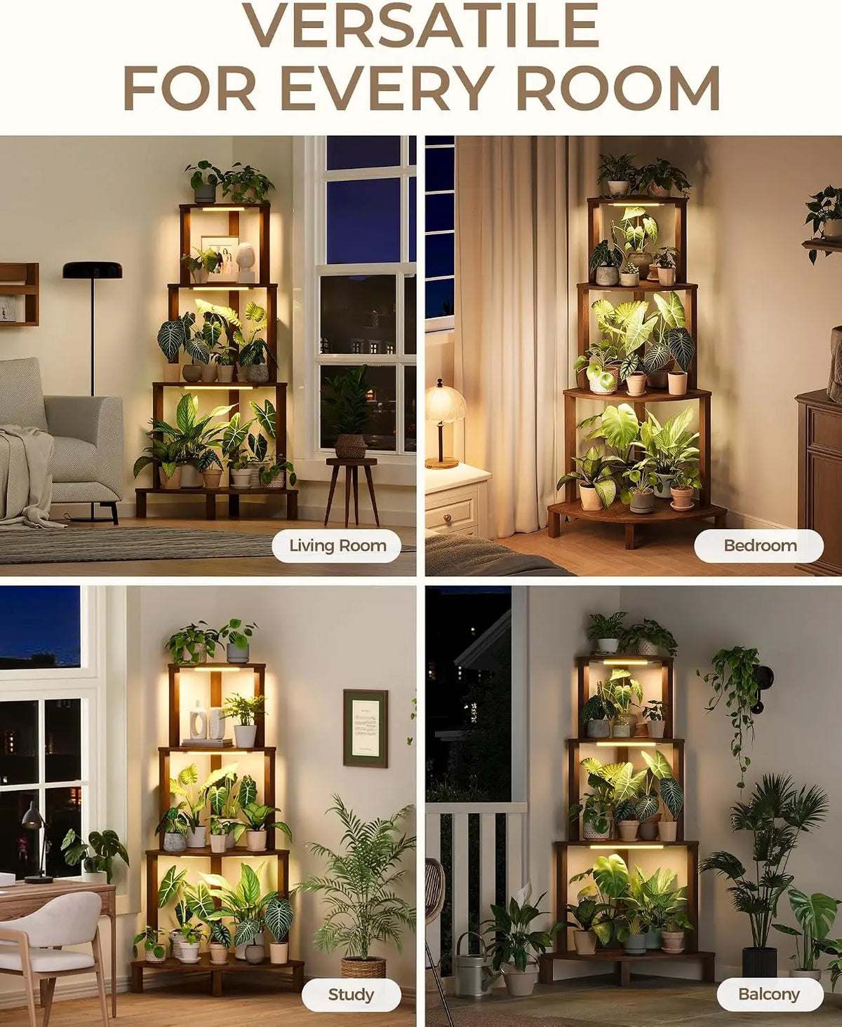 Corner Wooden Plant Stand With Full Spectrum Grow Lights, 4 Tier Indoor Tall Flower Pot Storage Shelf, Vertical Plant Holder Display Rack For Living Room Balcony Garden Decor, Natural Brown