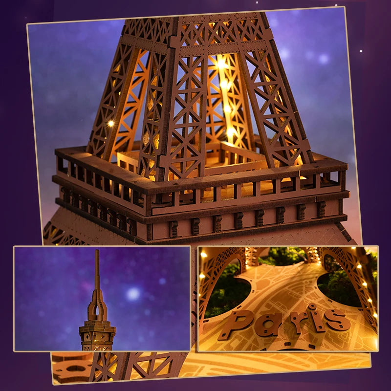 Robotime 3D Wooden Puzzle Game Night of the Eiffel Tower 1:638 Models for Children Adult DIY Crafts Kits Gift DIY with Light