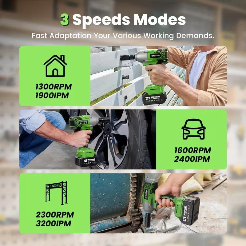 TaskStar 1600N.M 21V Cordless Impact Wrench with 3 Variable Speeds LED Light Sockets Brushless High Torque 1/2 Impact Gun Screwdriver Power Tools Car dismantling tools For Makita 18V Battery Pin