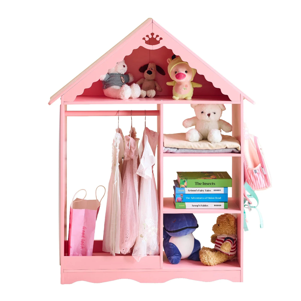 Pink and white star-printed MDF, spray-painted, 1 mirror, 3-tier shelf, 1 clothes rod, children's wardrobe