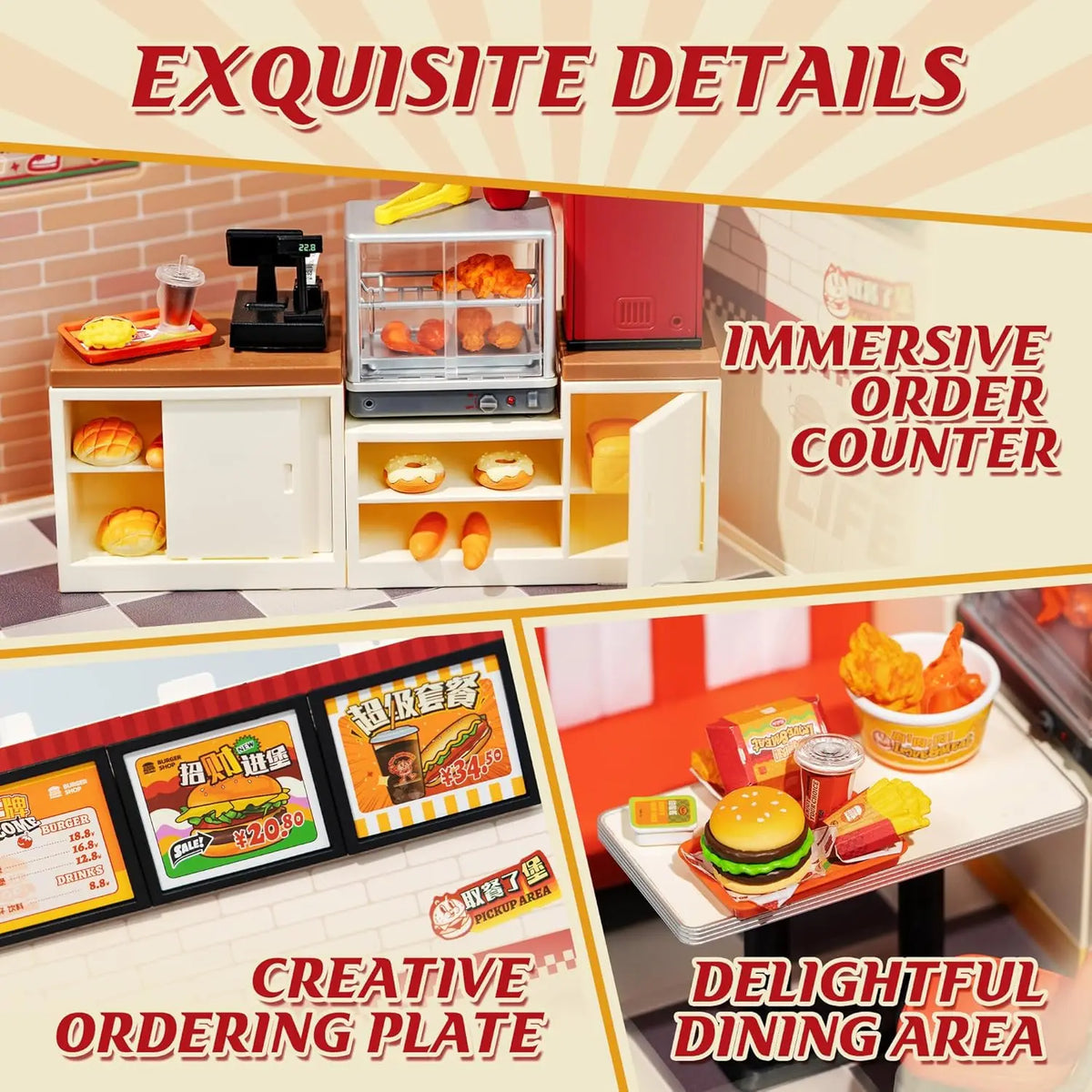 Robotime Diy 3D Puzzle Home Gift Idea Model Supply Store Kit with LED Yum Burger And Leisurely Cheers Bar And Sweet Sips Tea