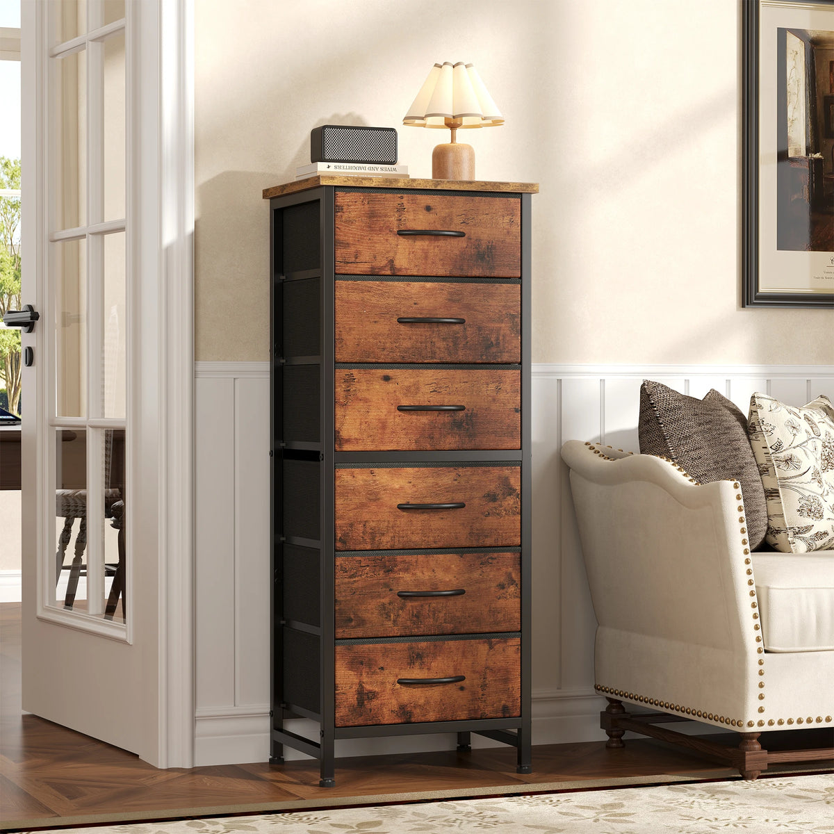 JHK Fabric Drawer Dresser with Wood Top and Metal Frame