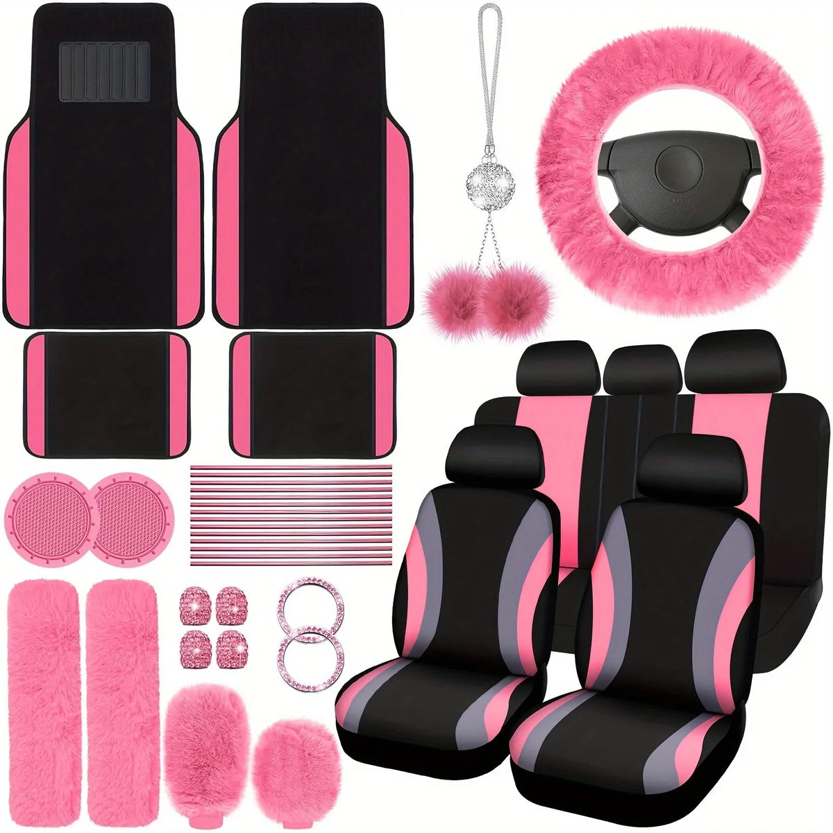 47pcs Car Seat Cover Full Set Car Seat Covers for Car Front Rear Seat Cover Fluffy Steering Wheel Cover Seat Belt Automotive Floor Mats Car Air Conditioner Decoration Strip Car Accessories Women