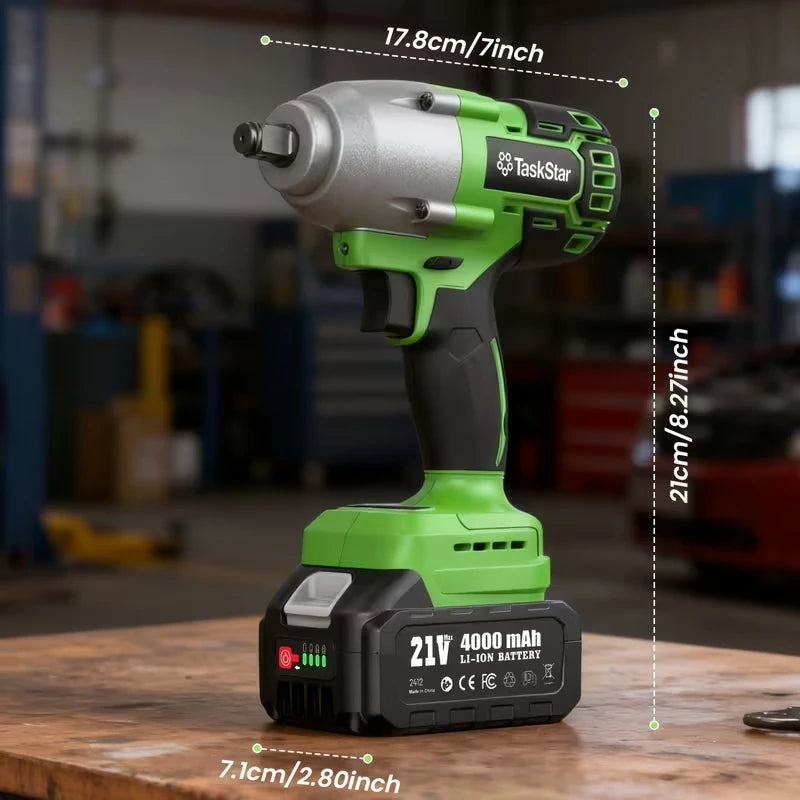 TaskStar 1600N.M 21V Cordless Impact Wrench with 3 Variable Speeds LED Light Sockets Brushless High Torque 1/2 Impact Gun Screwdriver Power Tools Car dismantling tools For Makita 18V Battery Pin
