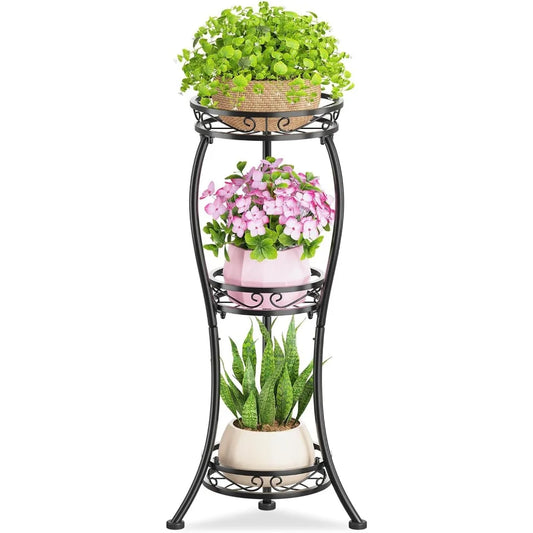 Three Tier Tall Metal Plant Stand 33 Inch Indoor Outdoor Rustproof Flower Pot Holder Display Rack Corner Garden Balcony