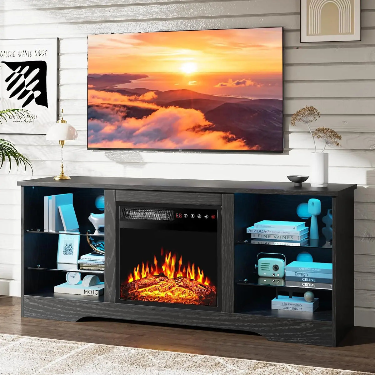 Fireplace TV Stand with 18" Fireplace Up to 65" TVs, 58" Entertainment Center with LED Lights, TV Media Console with, Custom