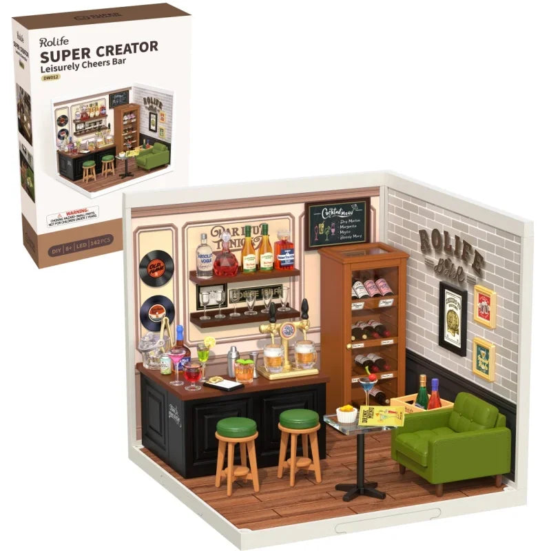 Robotime Diy 3D Puzzle Home Gift Idea Model Supply Store Kit with LED Yum Burger And Leisurely Cheers Bar And Sweet Sips Tea