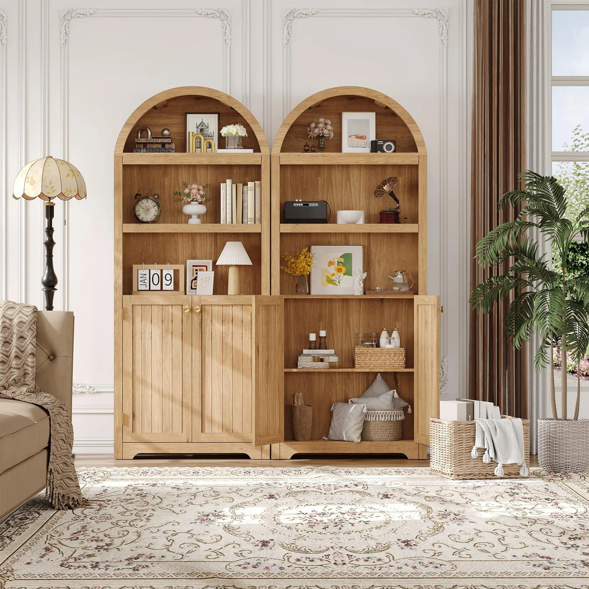 HiMISS Arched Bookcase With Doors Storage Cabinet And Shelves