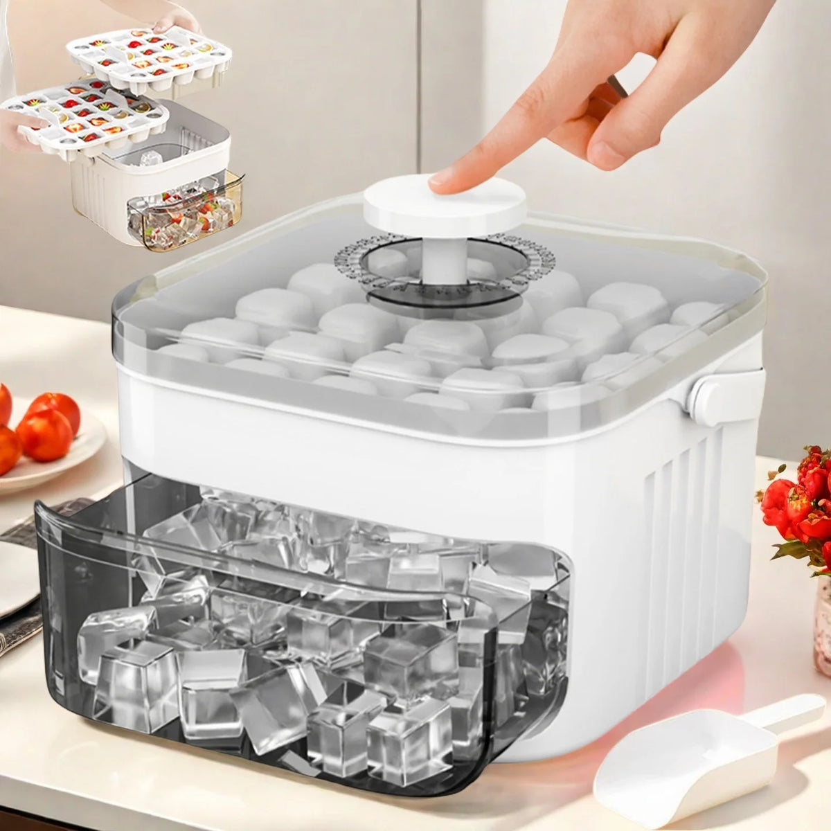 Compact Double Layer Ice Cube Tray With Lid And Pull Out Drawer