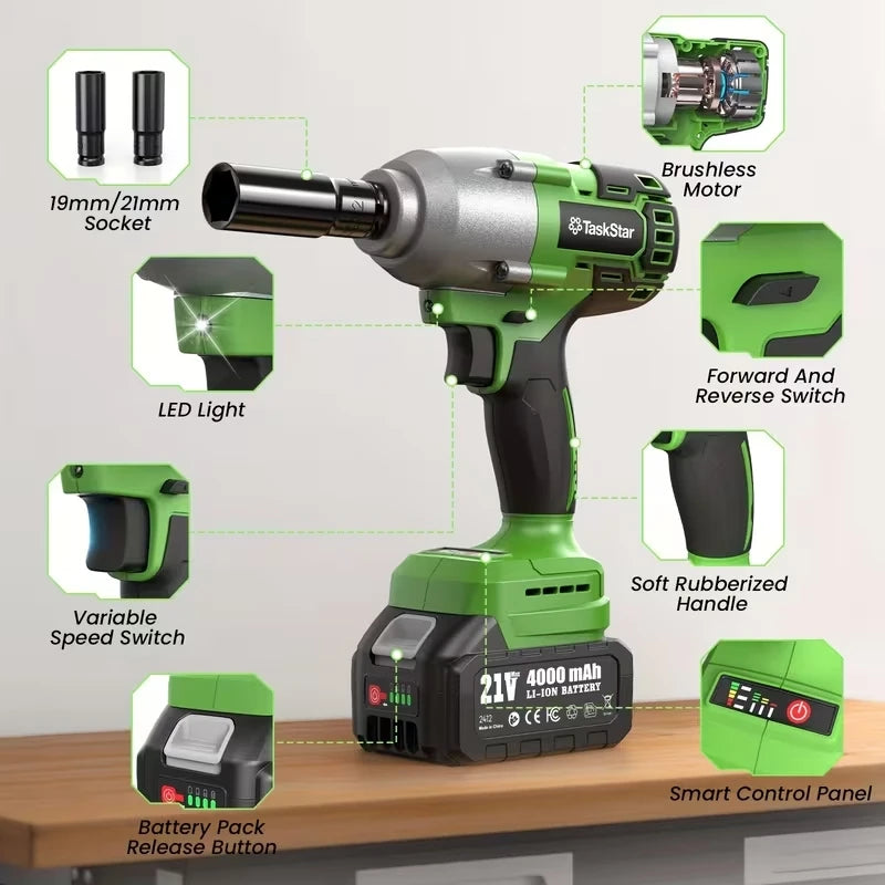 TaskStar 1600N.M 21V Cordless Impact Wrench with 3 Variable Speeds LED Light Sockets Brushless High Torque 1/2 Impact Gun Screwdriver Power Tools Car dismantling tools For Makita 18V Battery Pin