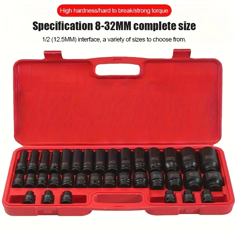 35pcs Impact Socket Set.35pcs 1/2-inch Professional Pneumatic Socket Set- Comprehensive Automotive Maintenance Kit, Including Long And Short Sockets, Pneumatic Impact Wrench, Hex Extension Bars And Rotating Tools for Convenie