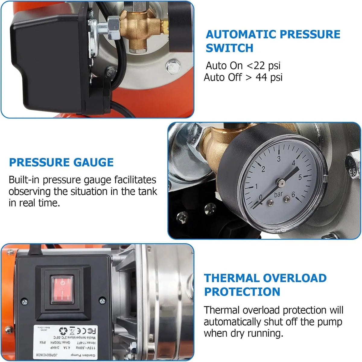 1HP Shallow Well Pump With Pressure Tank, Water Transfer Pump 115V, Stainless Steel Irrigation Pump for Sprinkler System, Automatic Water Booster Jet Pump for Home, Garden, Pool, Lawn