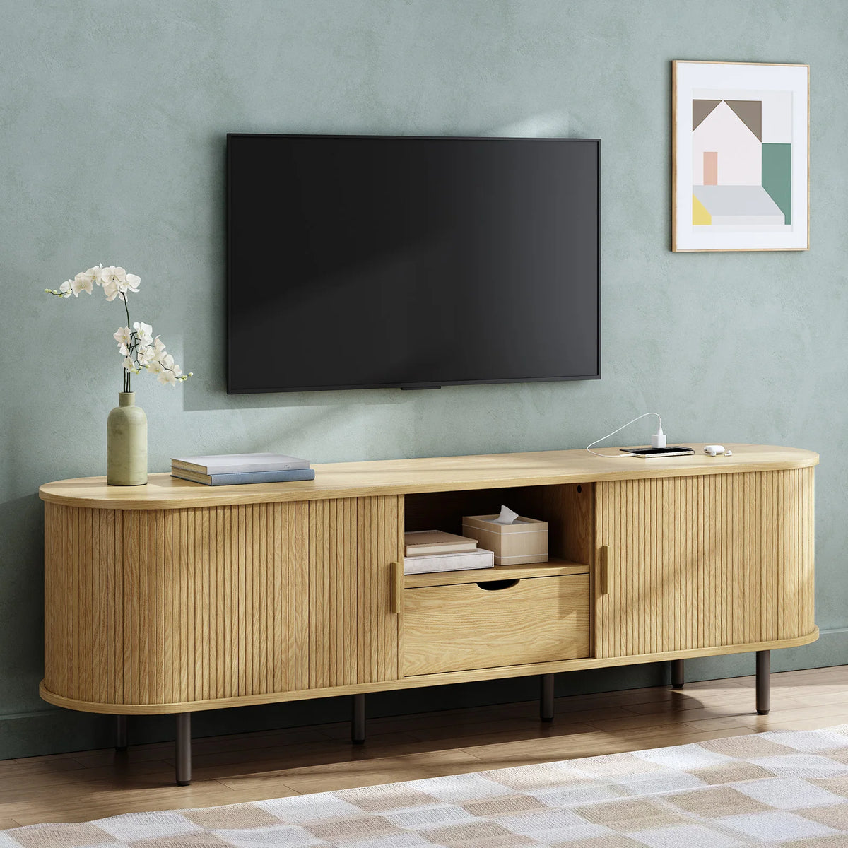 ONBRILL TV Stand With Power Outlet And Adjustable Shelves