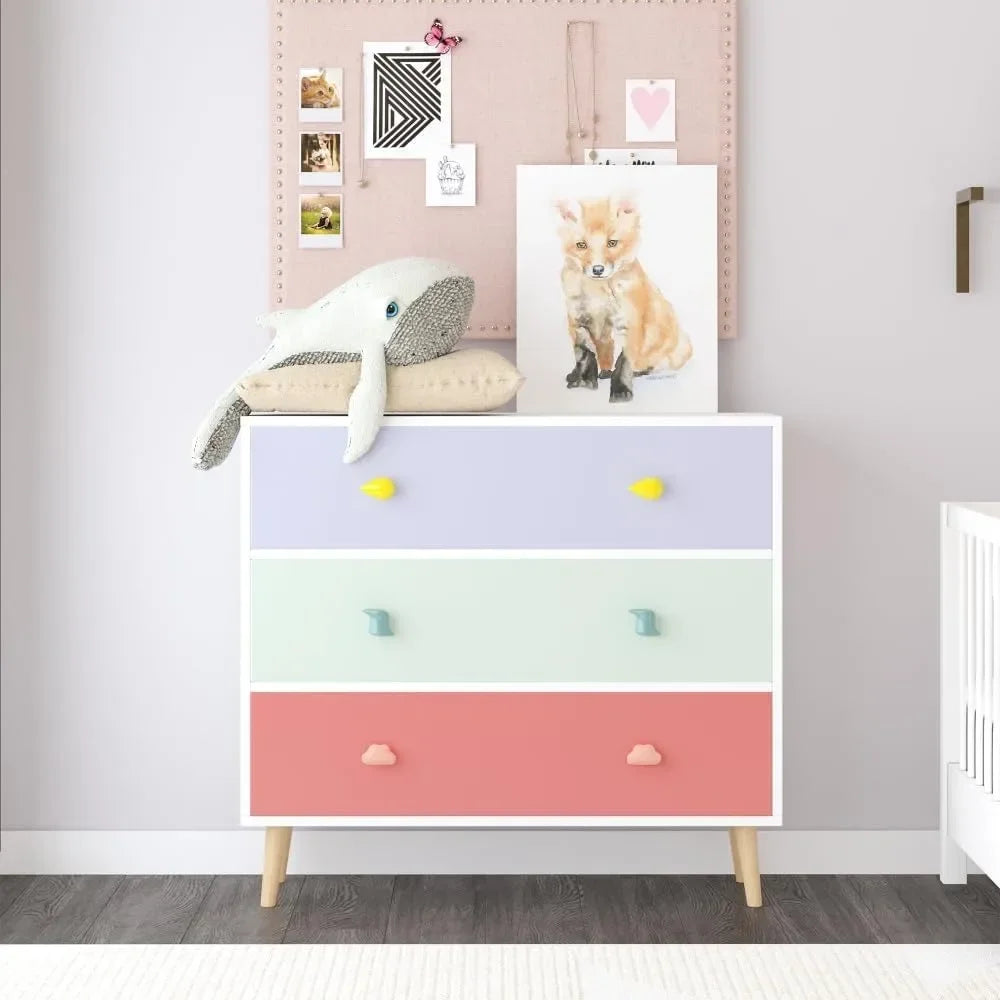 Children's Wooden 3-Drawer Nightstand with Storage Cabinet, Toddler Room Euro Glide Night Table for Child Safety and Organizatio