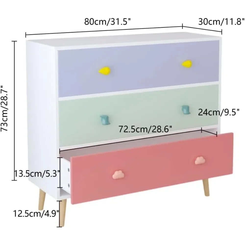 Children's Wooden 3-Drawer Nightstand with Storage Cabinet, Toddler Room Euro Glide Night Table for Child Safety and Organizatio