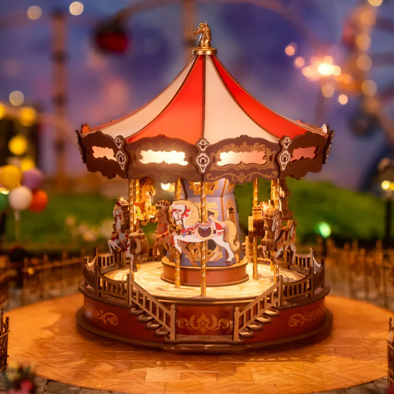 Robotime 3D Wooden Puzzle Carousel Music Box With LED Lights