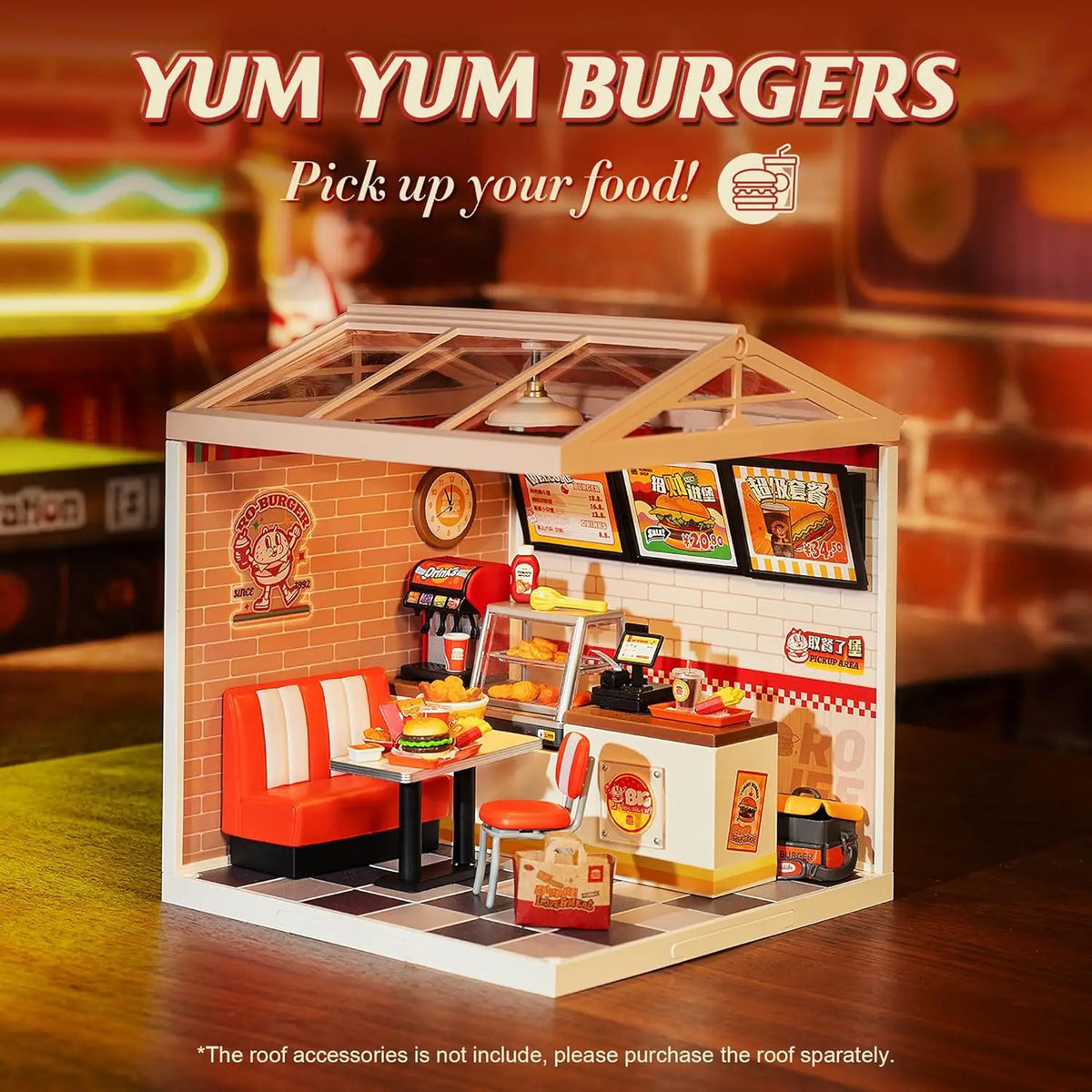 Robotime Diy 3D Puzzle Home Gift Idea Model Supply Store Kit with LED Yum Burger And Leisurely Cheers Bar And Sweet Sips Tea