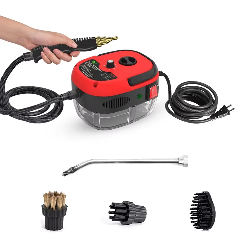 Small and Portable High-Pressure Red White Steam Cleaner With Brush Heads Handheld Sanitizing 6-Speed Settings Extended Hose Large Capacity Removes Grease Dust Mites for Air Conditioners Range Hoods Floors Bathrooms Cookware