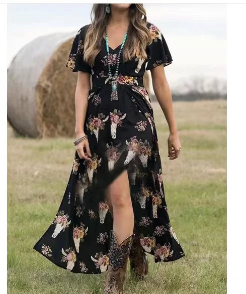 Western American Clothing Vestidos De Mujer Bull Head Printed Womens Cowgirls Short Sleeve Loose Maxi split Dress For Women