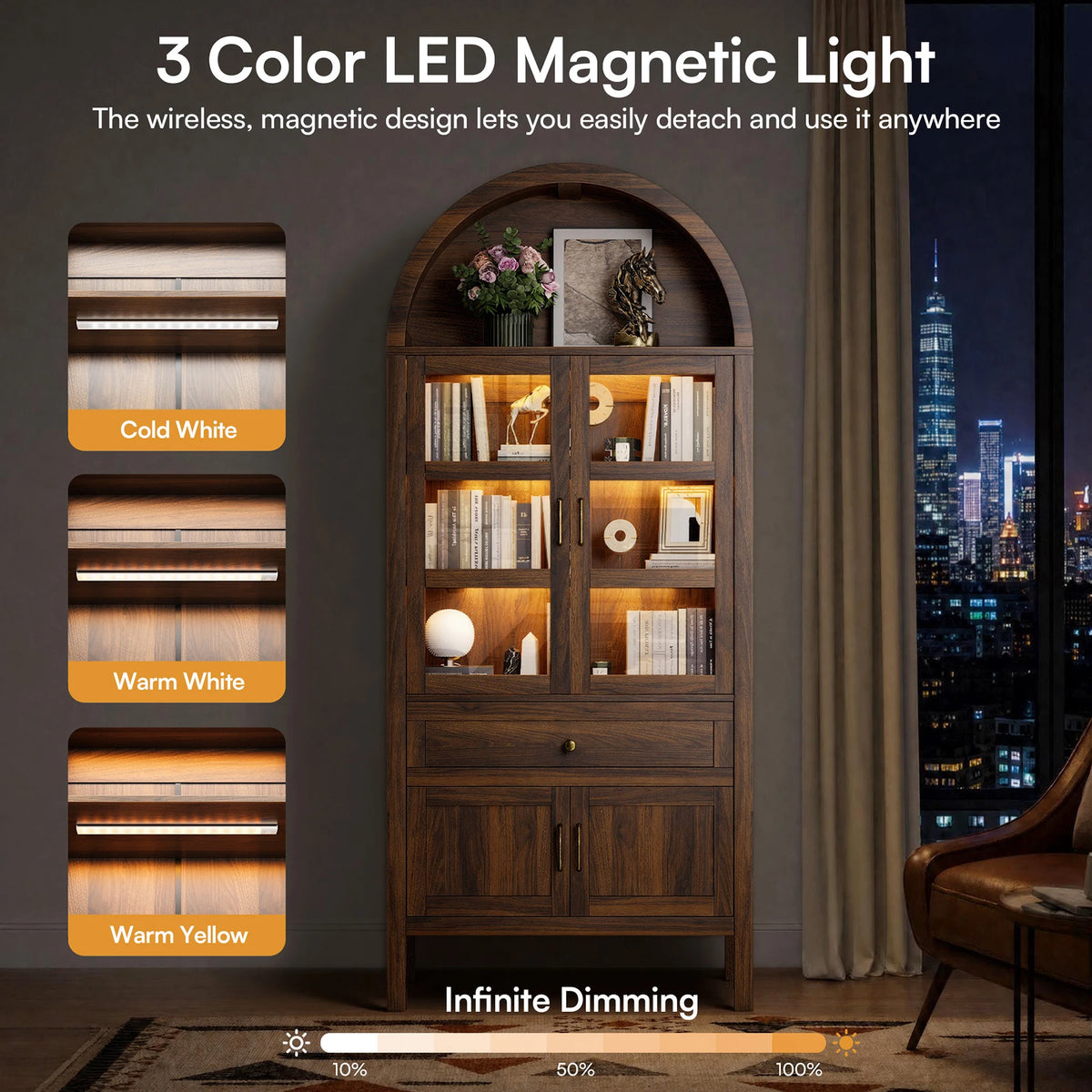 Cottinch Arched Wood Storage Cabinet With Adjustable Shelves Led Lights