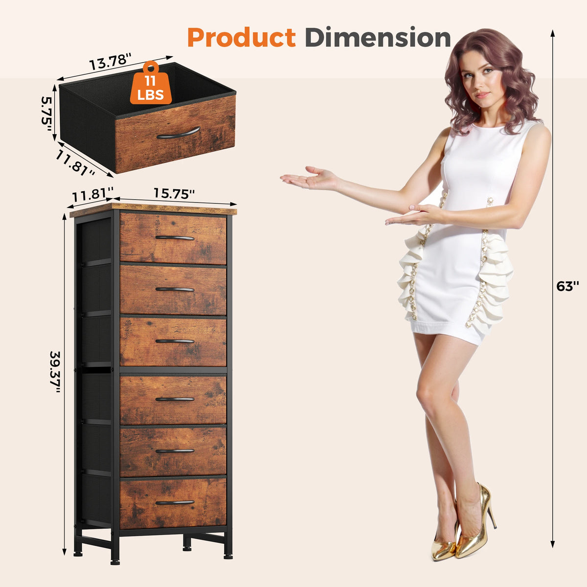 JHK Fabric Drawer Dresser with Wood Top and Metal Frame