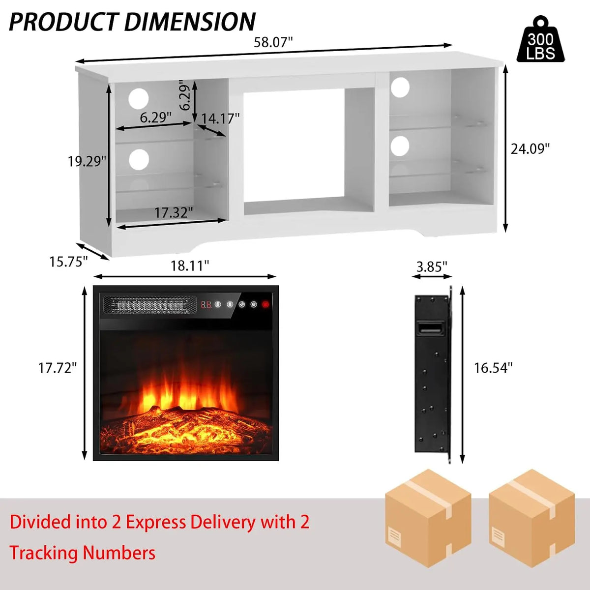 Fireplace TV Stand with 18" Fireplace Up to 65" TVs, 58" Entertainment Center with LED Lights, TV Media Console with, Custom