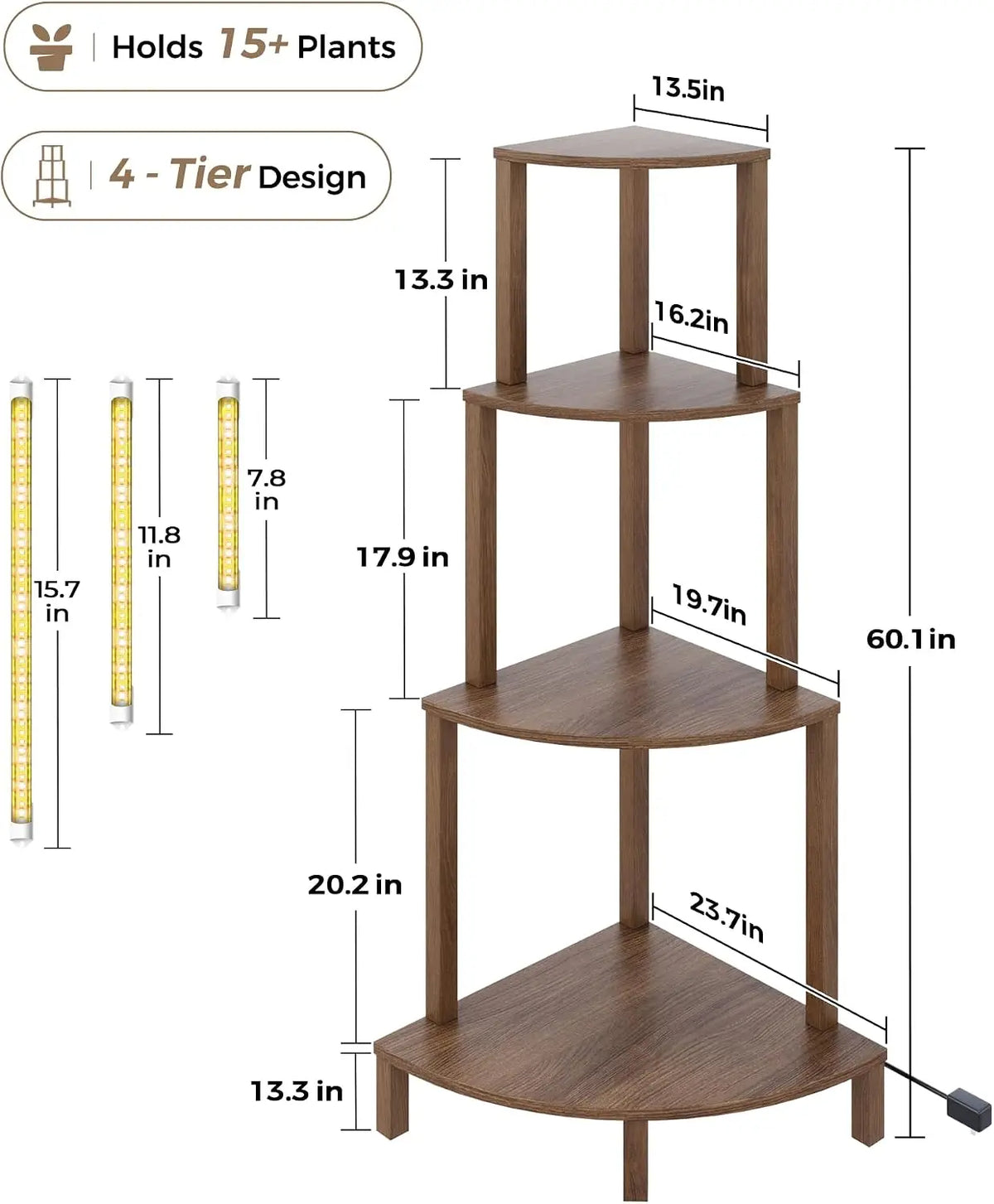 Corner Wooden Plant Stand With Full Spectrum Grow Lights, 4 Tier Indoor Tall Flower Pot Storage Shelf, Vertical Plant Holder Display Rack For Living Room Balcony Garden Decor, Natural Brown