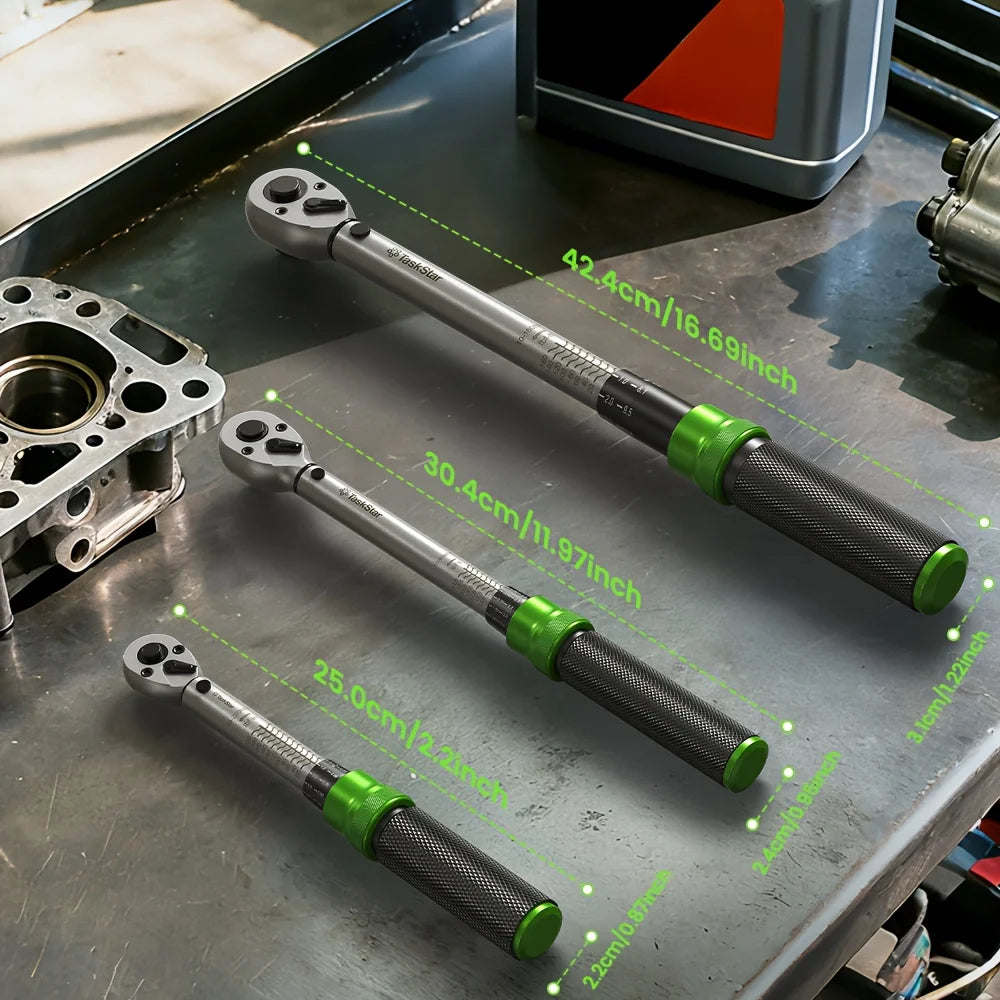 TaskStar 3PCS Preset Click Torque Wrench Set 1/4" 3/8" 1/2" Drive 5-210N.m Dual-scale ±3% High Precision Manual Ratchet Torque Spanner For Car Motorcycle Bike Repair