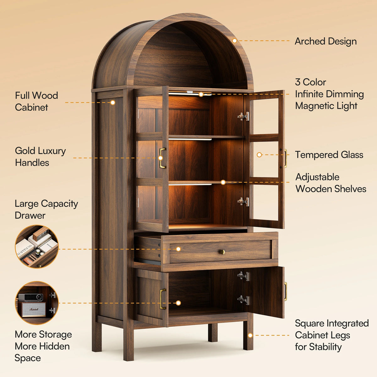 Cottinch Arched Wood Storage Cabinet With Adjustable Shelves Led Lights