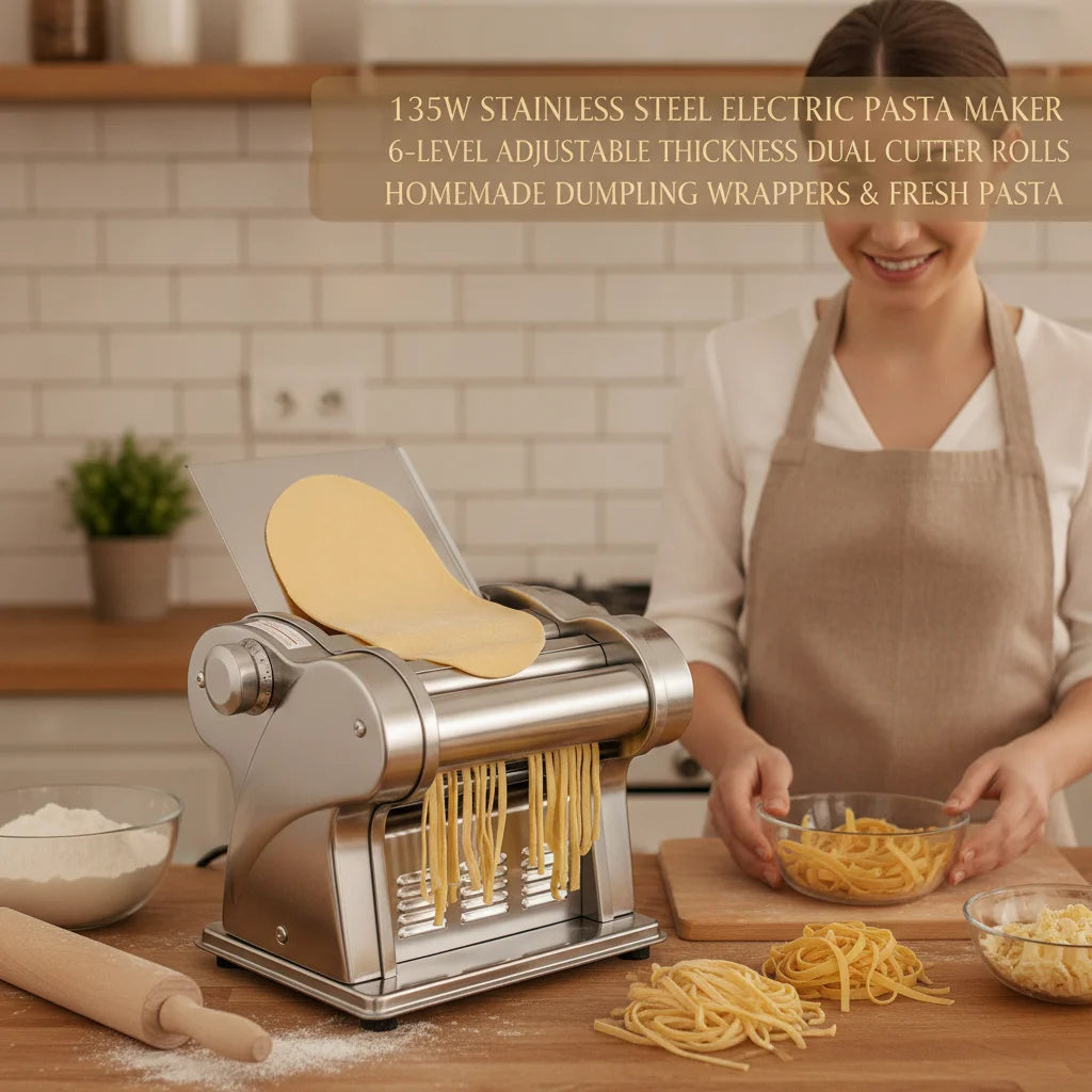 Automatic Noodle Maker Machine, 135W Electric Pasta Maker with 6 Thickness Settings & 2 Widths, 410 Stainless Steel, 110V US Plug, for Home Kitchen